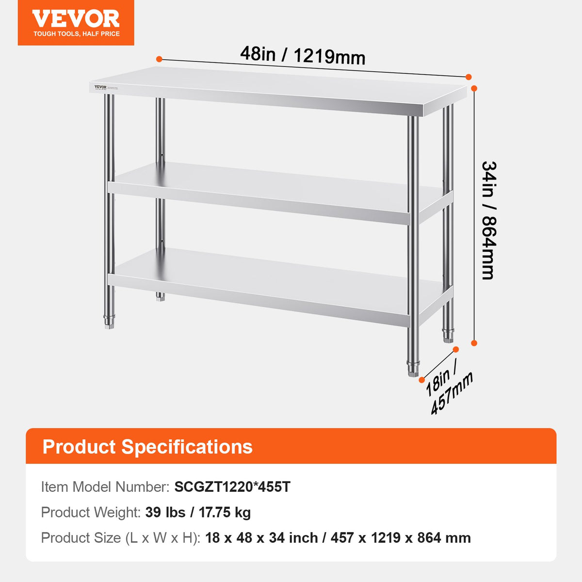 VEVOR Stainless Steel Food Preparation Table 45 × 122 cm