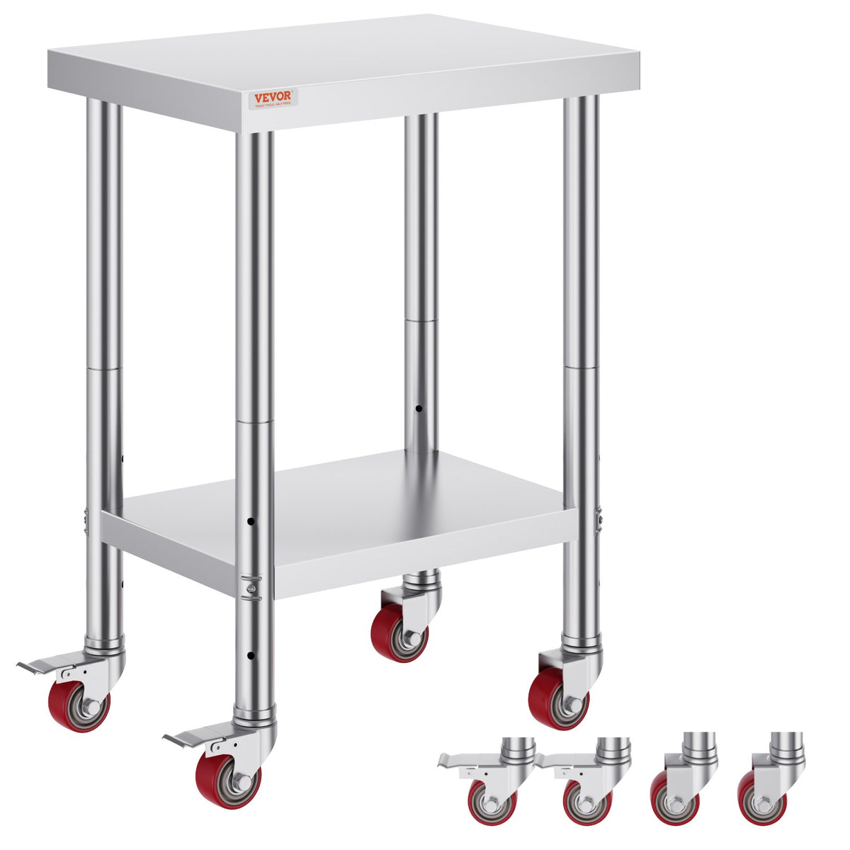 VEVOR Stainless Steel Work Table 61 × 46 cm with 4 Wheels and Adjustable Shelf, Commercial Kitchen