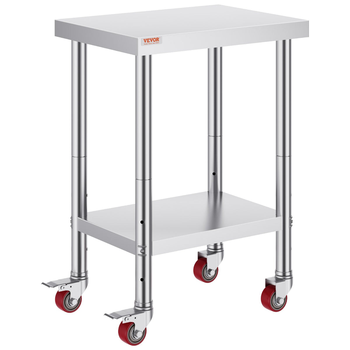 VEVOR Stainless Steel Work Table 61 × 46 cm with 4 Wheels and Adjustable Shelf, Commercial Kitchen