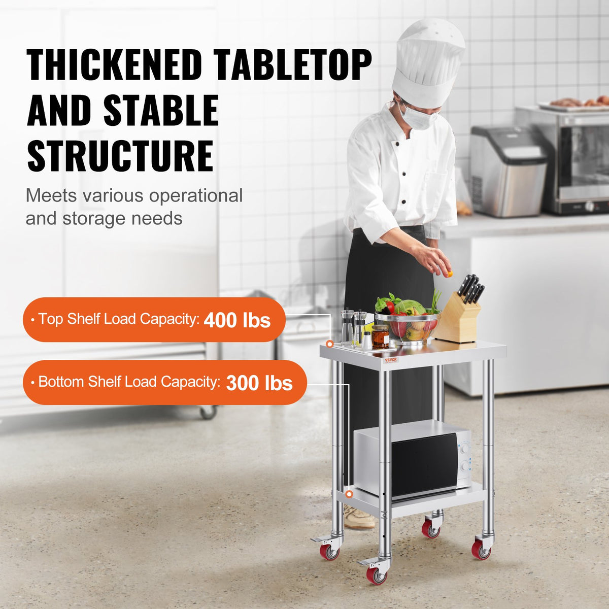 VEVOR Stainless Steel Work Table 61 × 46 cm with 4 Wheels and Adjustable Shelf, Commercial Kitchen