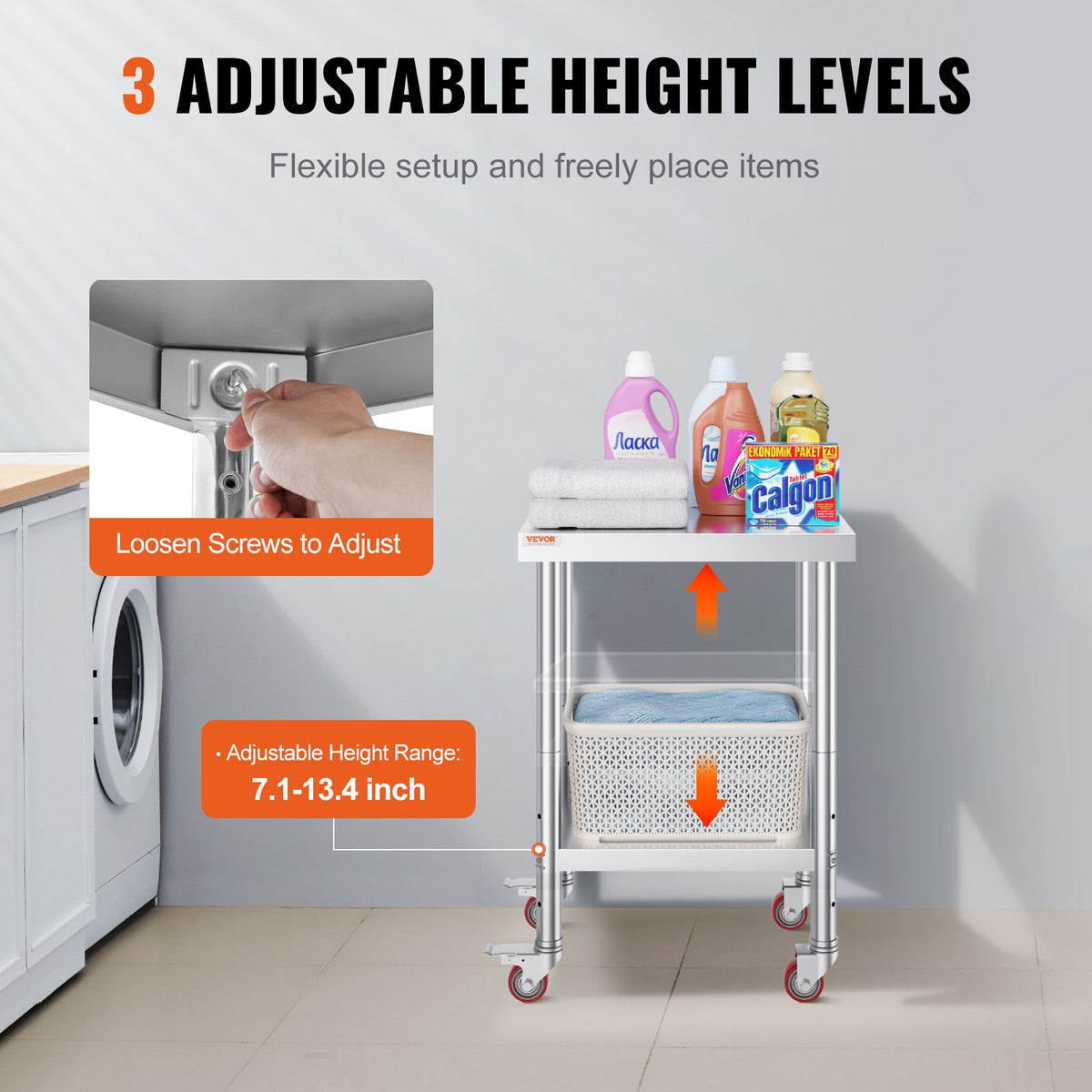 VEVOR Stainless Steel Work Table 61 × 46 cm with 4 Wheels and Adjustable Shelf, Commercial Kitchen