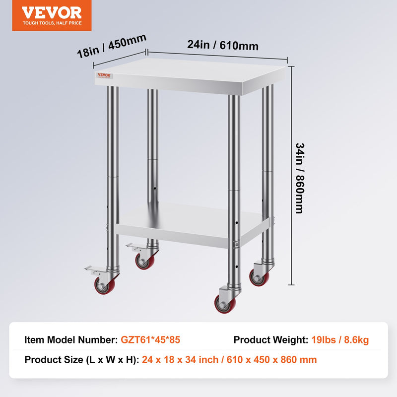 VEVOR nerūsējošā tērauda ēdināšanas darba galds, 61 x 46 cm, komerciāls virtuves galds ar 4 riteņiem, regulējamu plauktu un elastīgu pielāgošanu, piemērots pārtikas sagatavošanai un profesionālām virtuvēm.