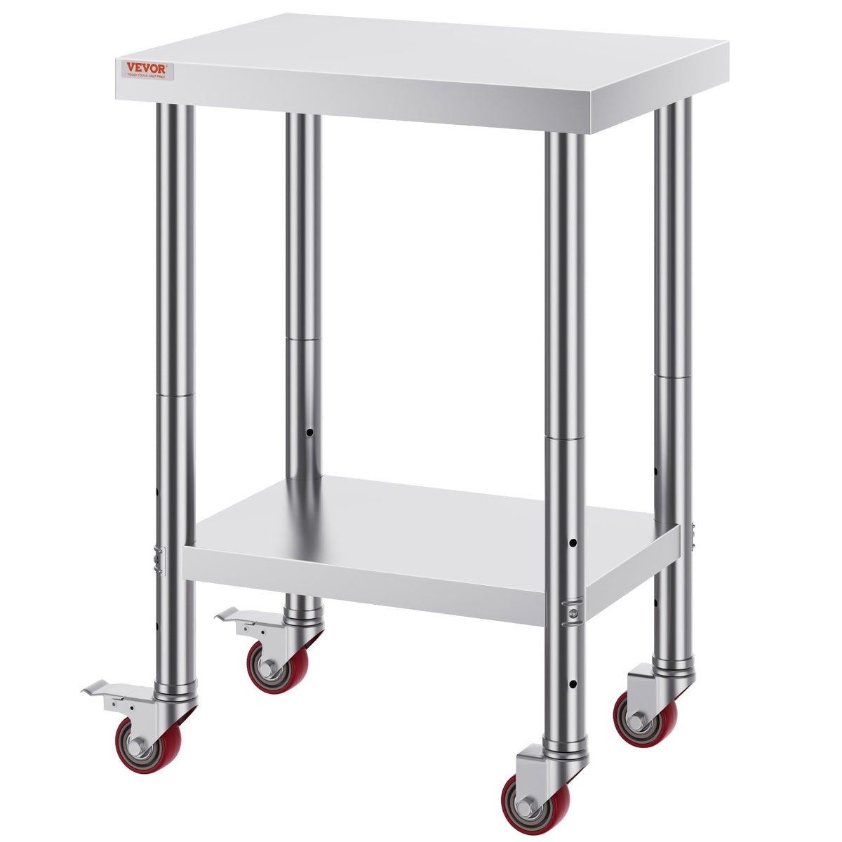 VEVOR Stainless Steel Work Table 61 × 46 cm with 4 Wheels and Adjustable Shelf, Commercial Kitchen