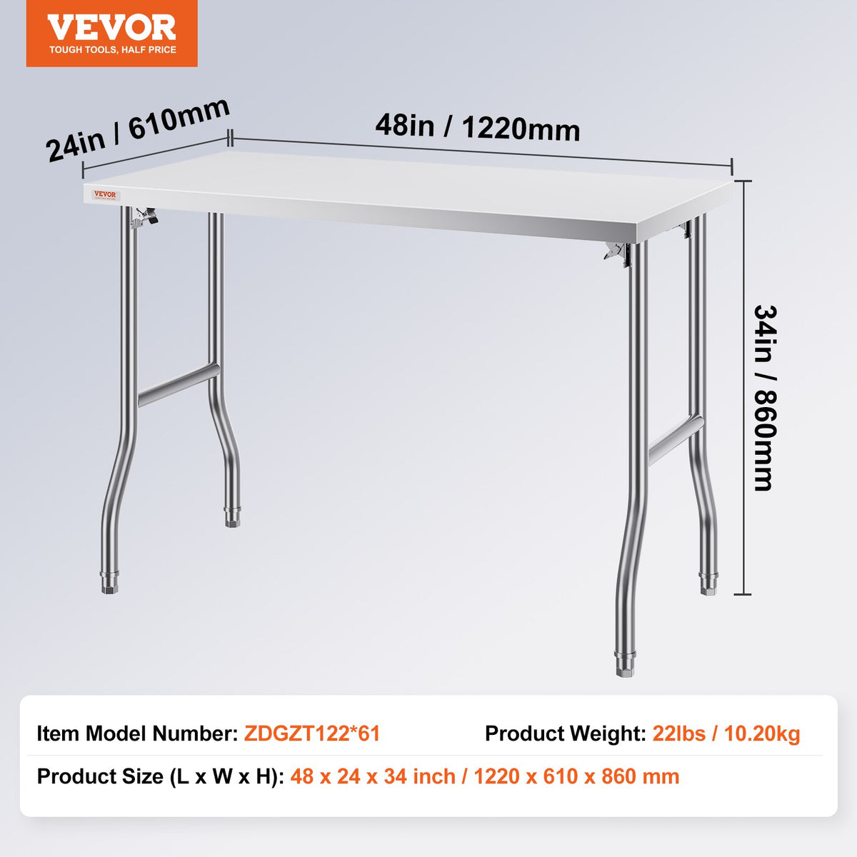 VEVOR salokāms nerūsējošā tērauda darba galds 122 x 61 cm, 300 kg slodze
