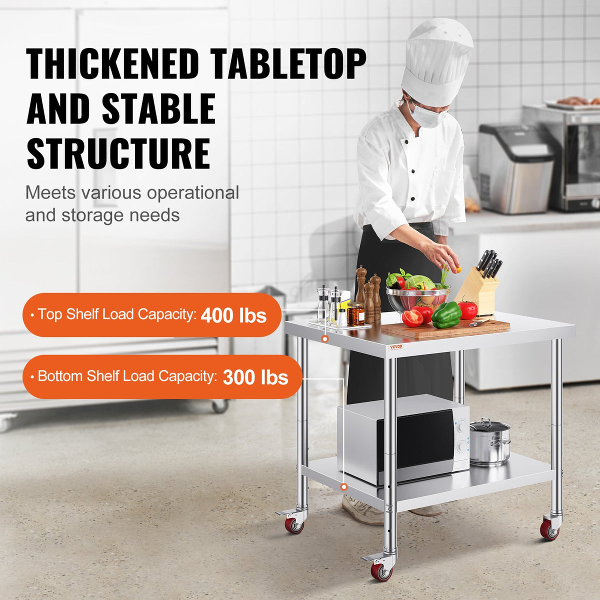 VEVOR Stainless Steel Work Table 76 × 91 cm with 4 Wheels and Adjustable Shelf