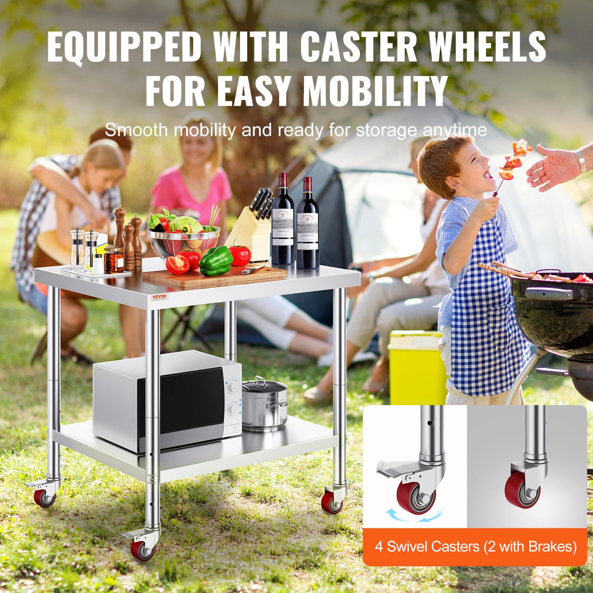 VEVOR Stainless Steel Work Table 76 × 91 cm with 4 Wheels and Adjustable Shelf