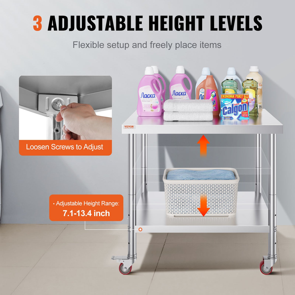 VEVOR Stainless Steel Work Table 76 × 91 cm with 4 Wheels and Adjustable Shelf