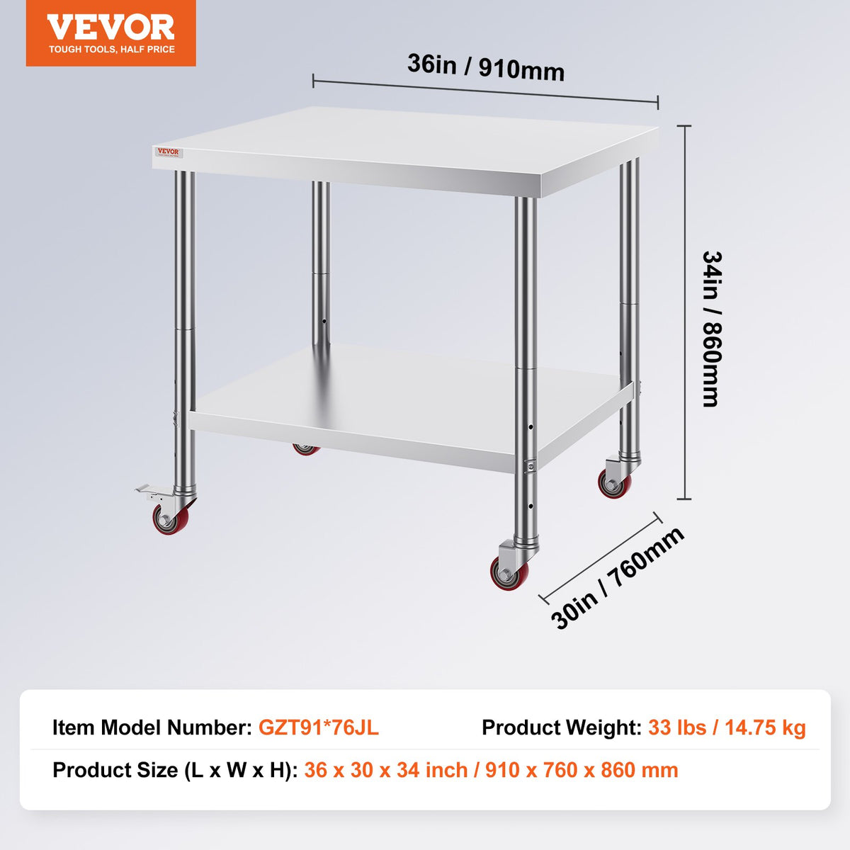 VEVOR Stainless Steel Work Table 76 × 91 cm with 4 Wheels and Adjustable Shelf