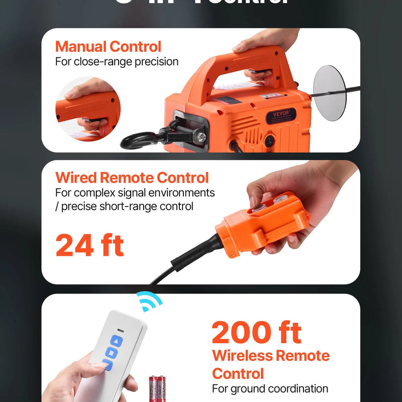 VEVOR 3-vienā elektriskais pacēlājs vinča, celtspēja 700 kg, 1500 W portatīvs pacēlājs, pacelšanas augstums 7,6 m, ātrums 5 m/min, ar manuālo, vadu un bezvadu tālvadību, rūpnīcām, noliktavām un garāžām