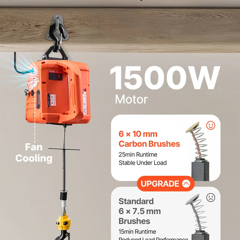VEVOR 3-vienā elektriskais pacēlājs vinča, celtspēja 700 kg, 1500 W portatīvs pacēlājs, pacelšanas augstums 7,6 m, ātrums 5 m/min, ar manuālo, vadu un bezvadu tālvadību, rūpnīcām, noliktavām un garāžām
