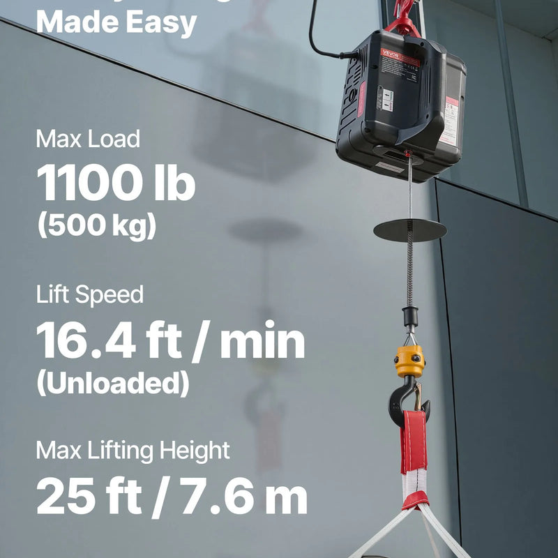 VEVOR 2 vienā elektriskais vinčas pacēlājs, 500 kg kapacitāte, 1500 W pārnēsājams vinčas krāns, pacelšanas augstums 7,6 m, ātrums 5 m/min ar manuālo un bezvadu tālvadību rūpnīcai, noliktavai vai garāžai