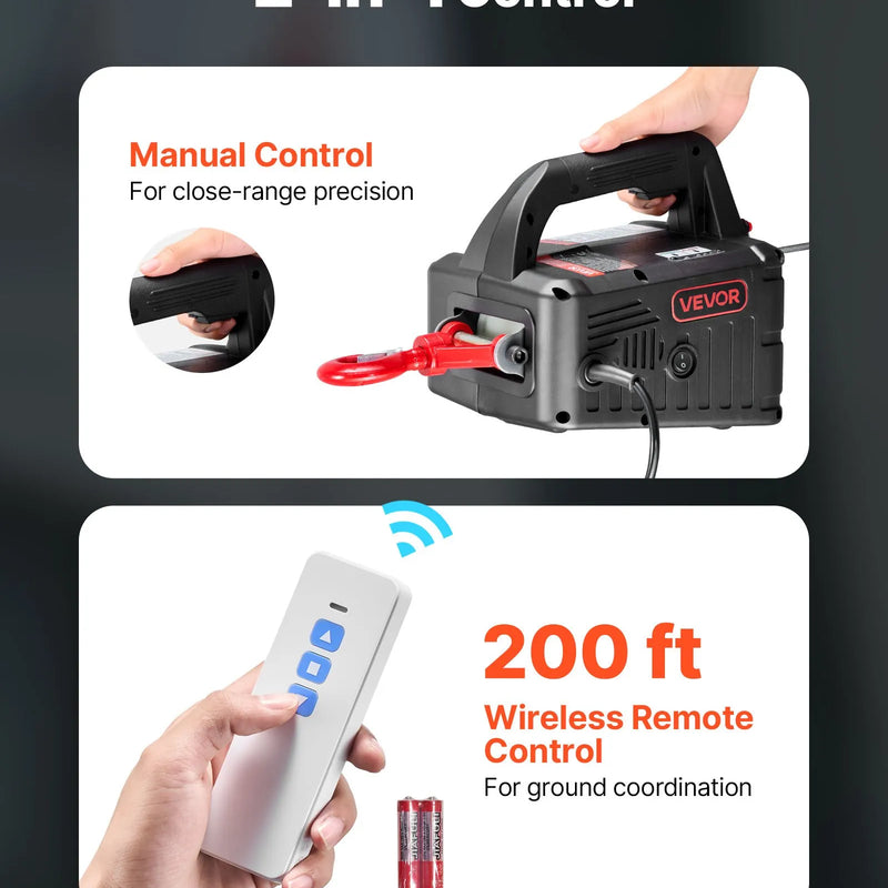 VEVOR 2 vienā elektriskais vinčas pacēlājs, 500 kg kapacitāte, 1500 W pārnēsājams vinčas krāns, pacelšanas augstums 7,6 m, ātrums 5 m/min ar manuālo un bezvadu tālvadību rūpnīcai, noliktavai vai garāžai