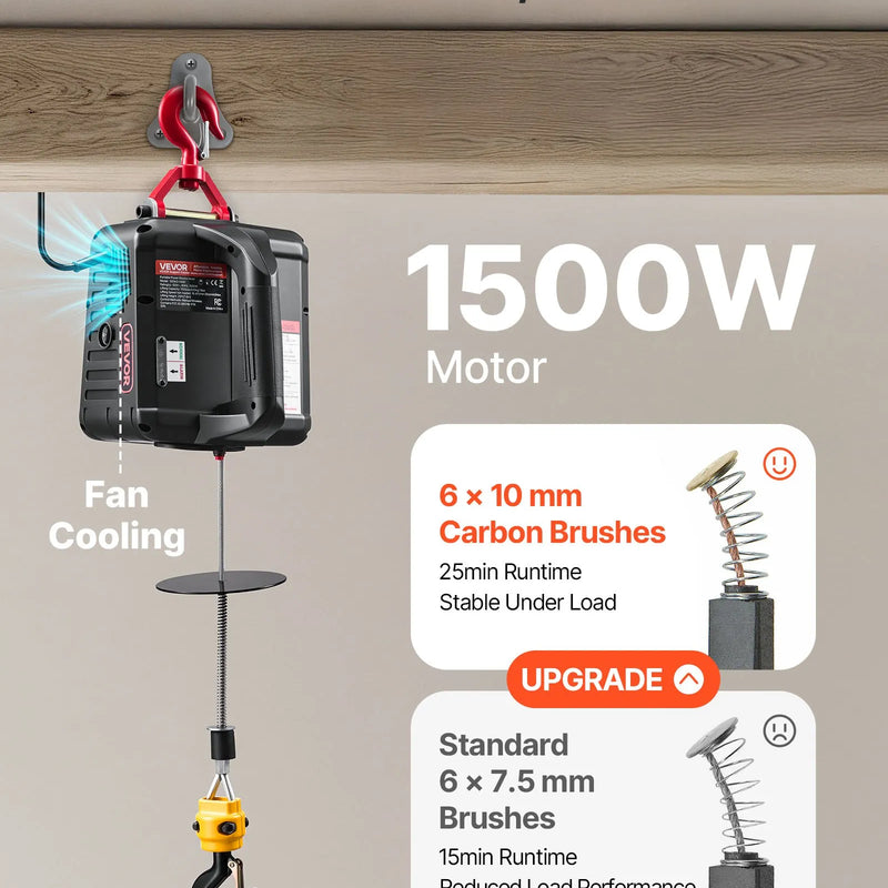 VEVOR 2 vienā elektriskais vinčas pacēlājs, 500 kg kapacitāte, 1500 W pārnēsājams vinčas krāns, pacelšanas augstums 7,6 m, ātrums 5 m/min ar manuālo un bezvadu tālvadību rūpnīcai, noliktavai vai garāžai
