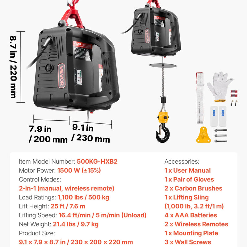 VEVOR 2 vienā elektriskais vinčas pacēlājs, 500 kg kapacitāte, 1500 W pārnēsājams vinčas krāns, pacelšanas augstums 7,6 m, ātrums 5 m/min ar manuālo un bezvadu tālvadību rūpnīcai, noliktavai vai garāžai