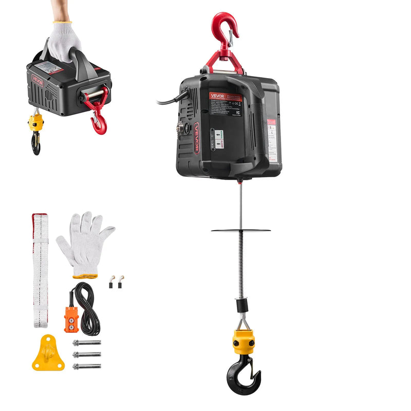 VEVOR 2 vienā elektriskais vinčas pacēlājs, 500 kg kapacitāte, 1500 W pārnēsājams vinčas krāns, pacelšanas augstums 7,6 m, ātrums 5 m/min ar manuālo un vadu tālvadību rūpnīcai, noliktavai vai garāžai