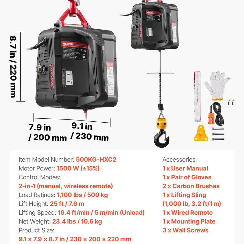 VEVOR 2 vienā elektriskais vinčas pacēlājs, 500 kg kapacitāte, 1500 W pārnēsājams vinčas krāns, pacelšanas augstums 7,6 m, ātrums 5 m/min ar manuālo un vadu tālvadību rūpnīcai, noliktavai vai garāžai