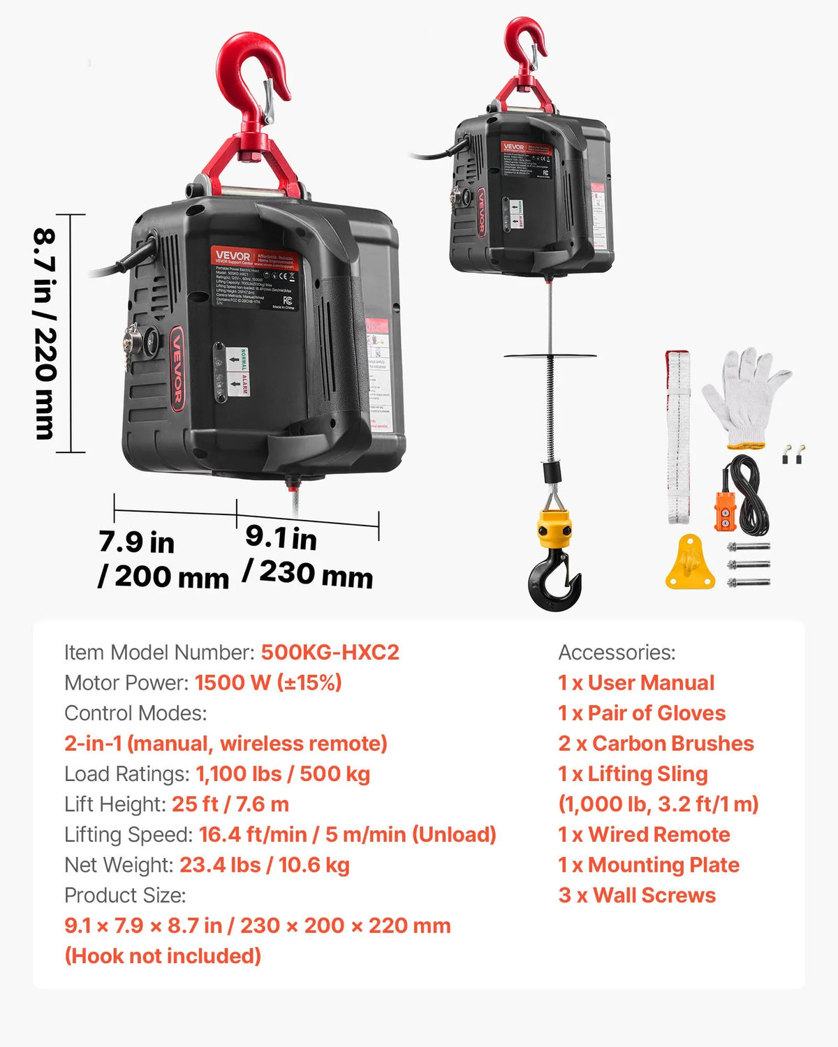 VEVOR 2 vienā elektriskais vinčas pacēlājs, 500 kg kapacitāte, 1500 W pārnēsājams vinčas krāns, pacelšanas augstums 7,6 m, ātrums 5 m/min ar manuālo un vadu tālvadību rūpnīcai, noliktavai vai garāžai