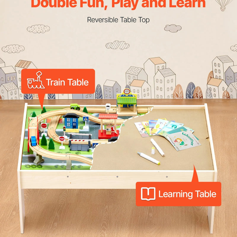 VEVOR vilcienu galds, 84 daudzkrāsainas detaļas, koka bērnu aktivitāšu galds ar saliekamu uzglabāšanas kasti, 3-in-1 koka vilcienu komplekts spēlēšanai, zīmēšanai, lasīšanai un ēšanai, radoša rotaļlieta bērniem no 3 gadu vecuma