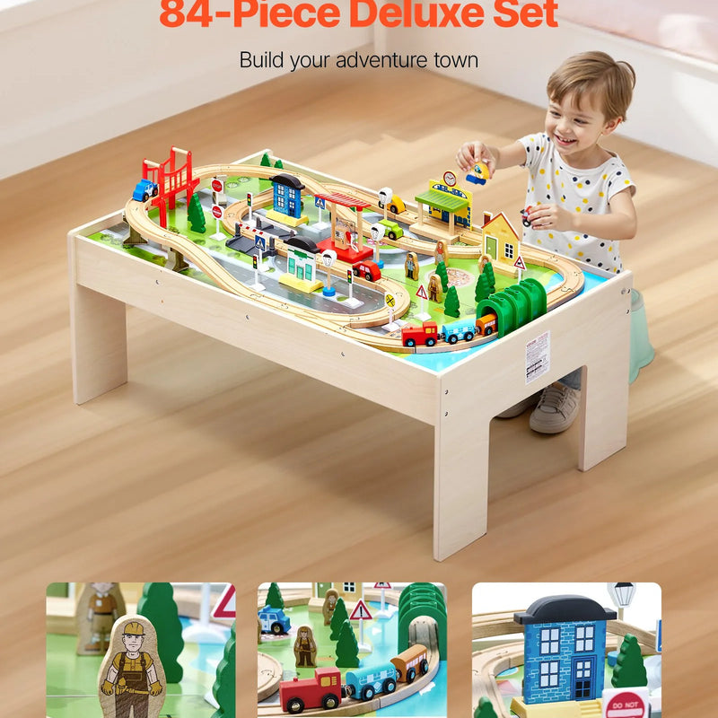 VEVOR vilcienu galds, 84 daudzkrāsainas detaļas, koka bērnu aktivitāšu galds ar saliekamu uzglabāšanas kasti, 3-in-1 koka vilcienu komplekts spēlēšanai, zīmēšanai, lasīšanai un ēšanai, radoša rotaļlieta bērniem no 3 gadu vecuma