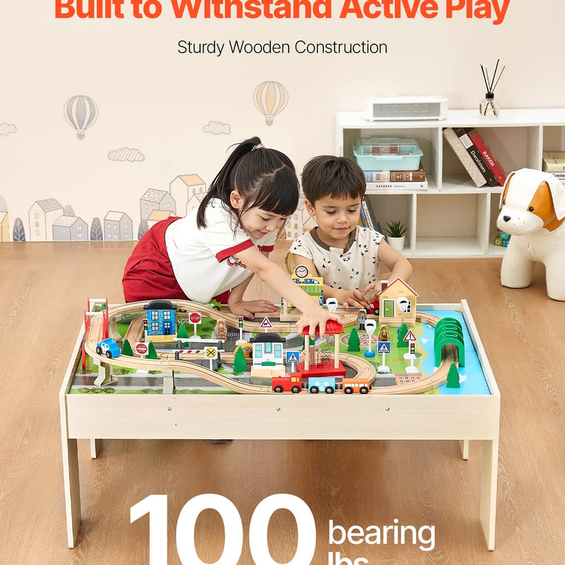 VEVOR vilcienu galds, 84 daudzkrāsainas detaļas, koka bērnu aktivitāšu galds ar saliekamu uzglabāšanas kasti, 3-in-1 koka vilcienu komplekts spēlēšanai, zīmēšanai, lasīšanai un ēšanai, radoša rotaļlieta bērniem no 3 gadu vecuma