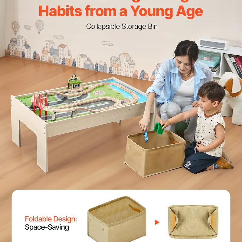 VEVOR vilcienu galds, 84 daudzkrāsainas detaļas, koka bērnu aktivitāšu galds ar saliekamu uzglabāšanas kasti, 3-in-1 koka vilcienu komplekts spēlēšanai, zīmēšanai, lasīšanai un ēšanai, radoša rotaļlieta bērniem no 3 gadu vecuma