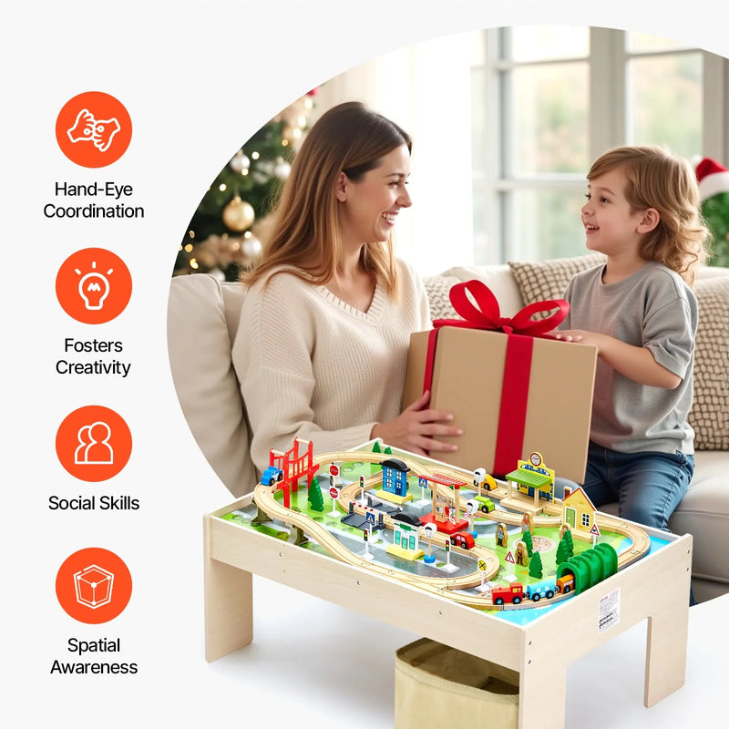 VEVOR vilcienu galds, 84 daudzkrāsainas detaļas, koka bērnu aktivitāšu galds ar saliekamu uzglabāšanas kasti, 3-in-1 koka vilcienu komplekts spēlēšanai, zīmēšanai, lasīšanai un ēšanai, radoša rotaļlieta bērniem no 3 gadu vecuma