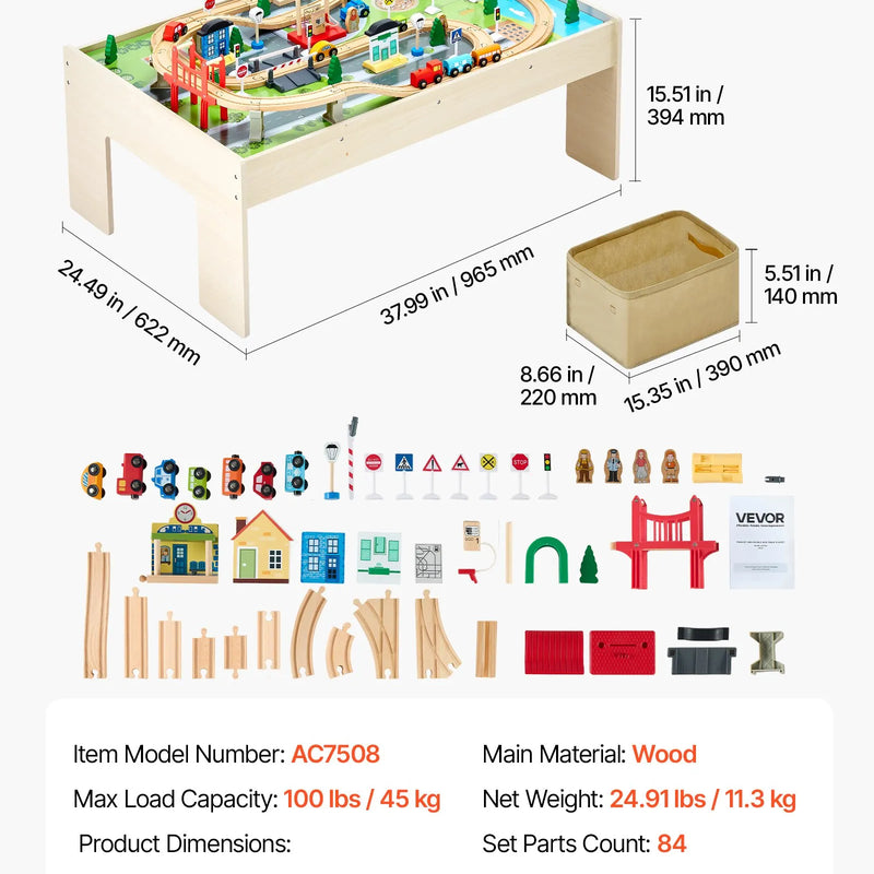VEVOR vilcienu galds, 84 daudzkrāsainas detaļas, koka bērnu aktivitāšu galds ar saliekamu uzglabāšanas kasti, 3-in-1 koka vilcienu komplekts spēlēšanai, zīmēšanai, lasīšanai un ēšanai, radoša rotaļlieta bērniem no 3 gadu vecuma
