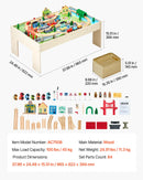 VEVOR vilcienu galds, 84 daudzkrāsainas detaļas, koka bērnu aktivitāšu galds ar saliekamu uzglabāšanas kasti, 3-in-1 koka vilcienu komplekts spēlēšanai, zīmēšanai, lasīšanai un ēšanai, radoša rotaļlieta bērniem no 3 gadu vecuma