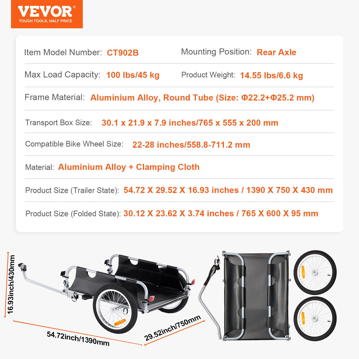 VEVOR salokāma velosipēda kravas piekabe, 45,4 kg, 406 mm riteņi