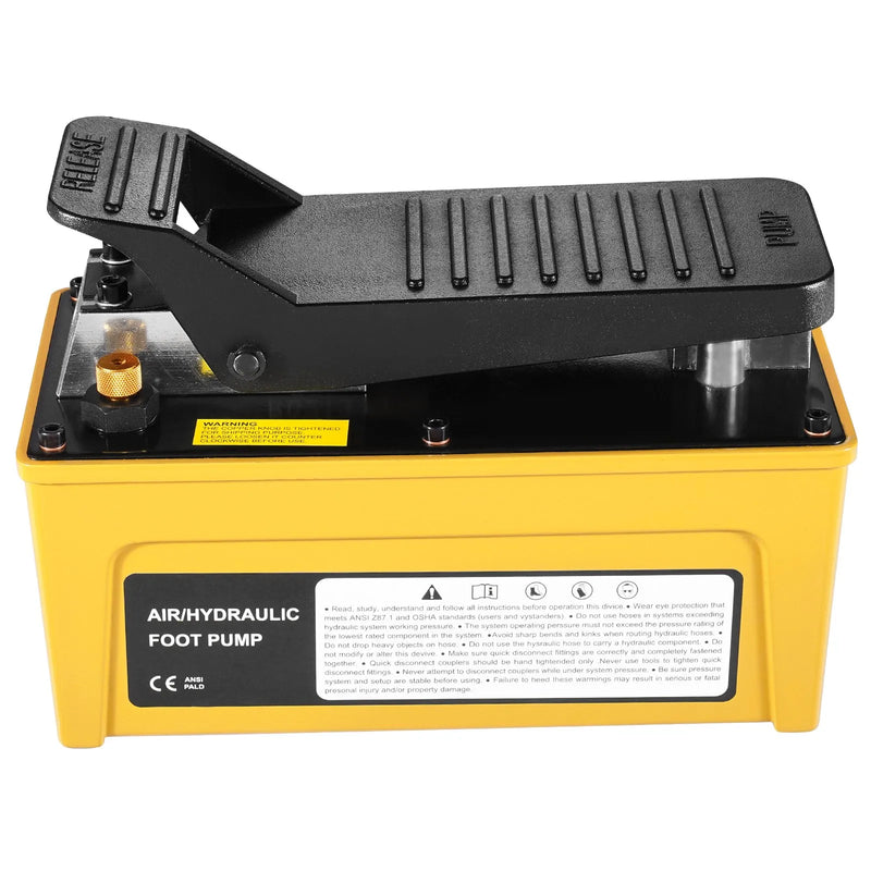 Pneimatiskais hidrauliskais kājas sūknis ar 689 bar darba spiedienu, 1,6 L eļļļas tvertni, 9,5 mm NPT eļļļas izeju un 6,4 mm NPT gaisa ieplūdi, alumīnija korpuss, paredzēts automobiļu remonta rāmja presēm un hidrauliskajām presēm