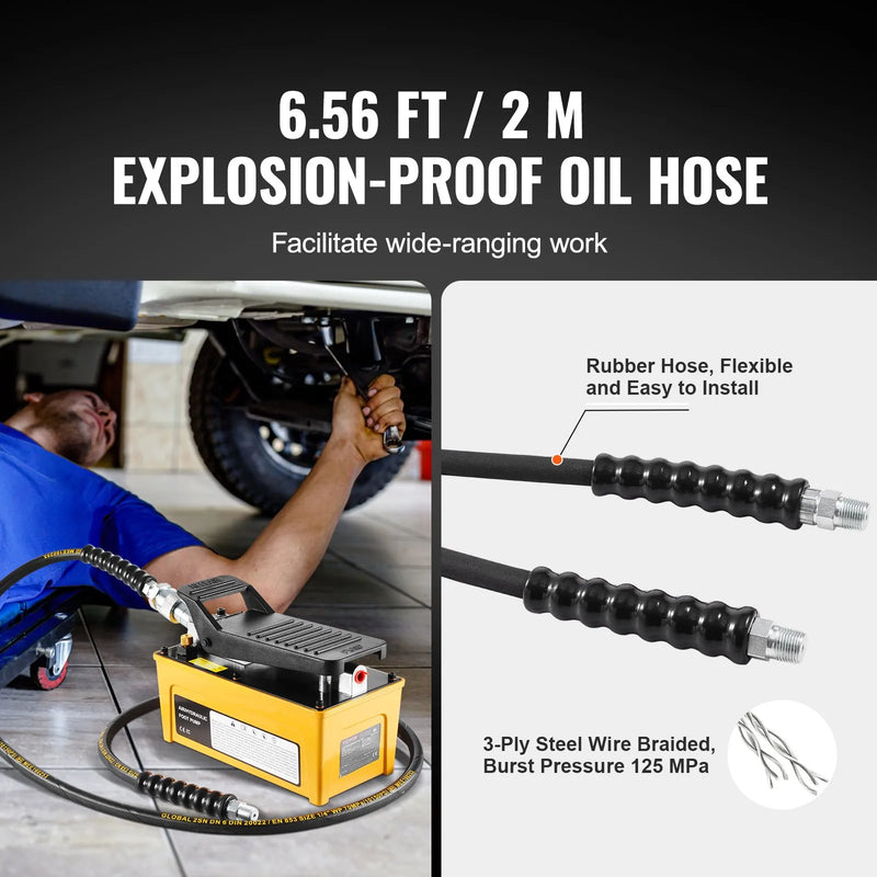 Pneimatiskais hidrauliskais kājas sūknis ar 689 bar darba spiedienu, 1,6 L eļļļas tvertni, 9,5 mm NPT eļļļas izeju un 6,4 mm NPT gaisa ieplūdi, alumīnija korpuss, paredzēts automobiļu remonta rāmja presēm un hidrauliskajām presēm