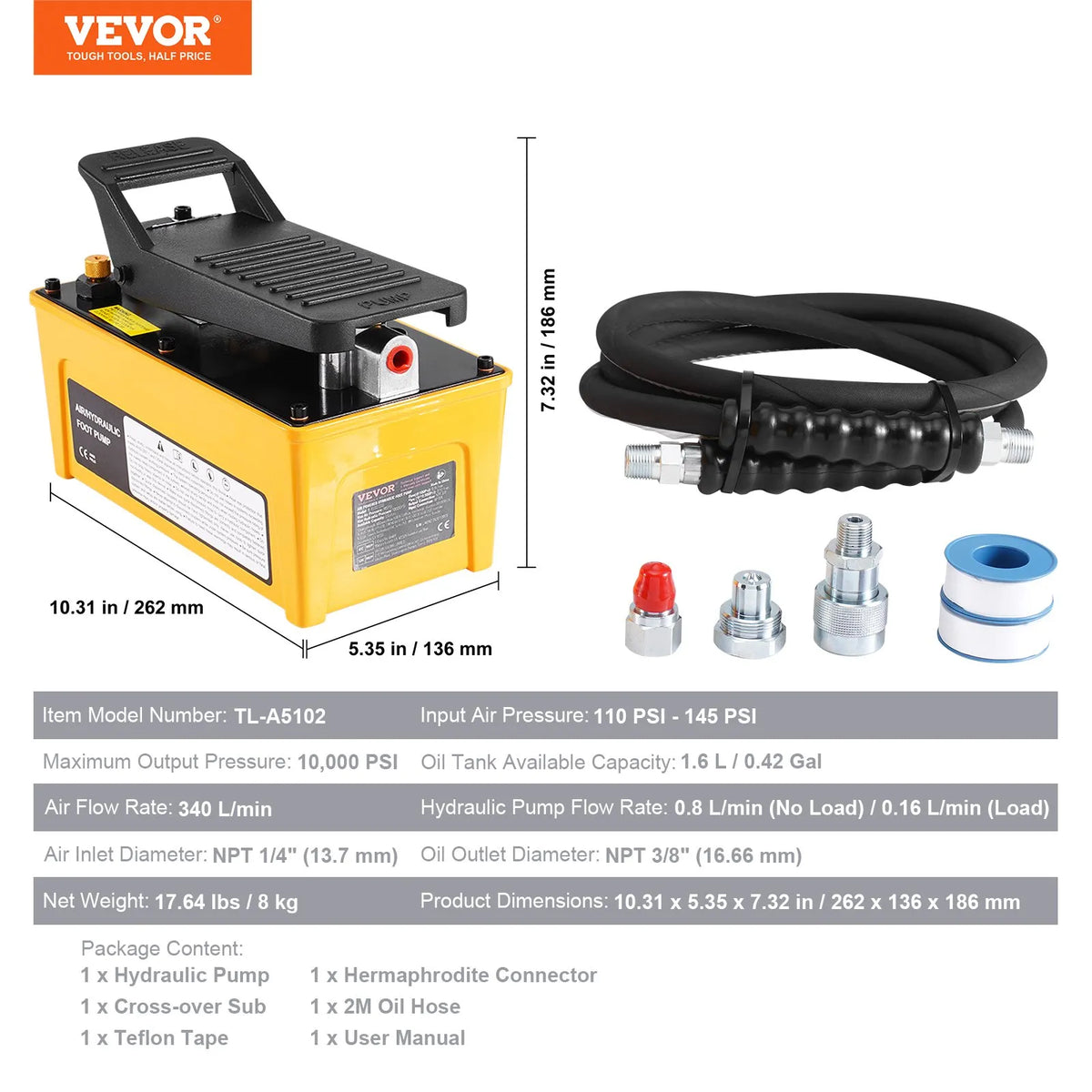 VEVOR Pneumatic Hydraulic Foot Pump 689 bar, 1.6 l Tank, Aluminium Body