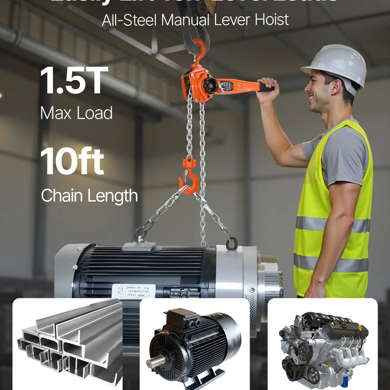 VEVOR manuālais sviras ķēdes pacēlājs, 1,5 t / 1500 kg kapacitāte, smagās slodzes, 3 m pacelšanas augstums, G80 sakausējuma tērauda ķēde ar dubulto mehānisko bremzi, 360° rotējoši āķi, piemērots noliktavām, būvniecībai un garāžai