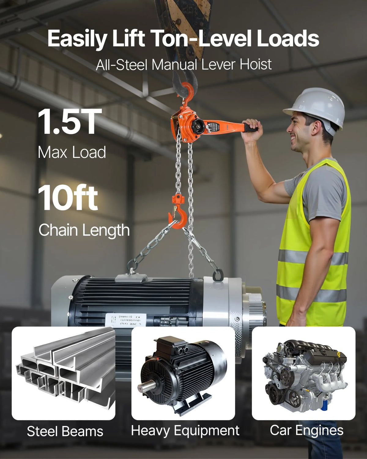 VEVOR manuālais sviras ķēdes pacēlājs, 1,5 t / 1500 kg kapacitāte, smagās slodzes, 3 m pacelšanas augstums, G80 sakausējuma tērauda ķēde ar dubulto mehānisko bremzi, 360° rotējoši āķi, piemērots noliktavām, būvniecībai un garāžai