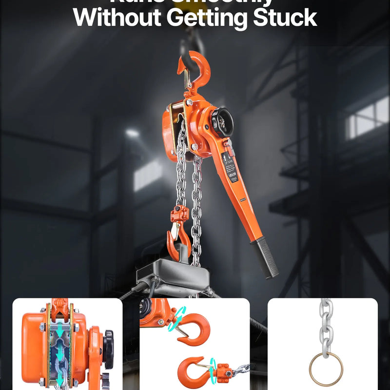 VEVOR manuālais sviras ķēdes pacēlājs, 1,5 t / 1500 kg kapacitāte, smagās slodzes, 3 m pacelšanas augstums, G80 sakausējuma tērauda ķēde ar dubulto mehānisko bremzi, 360° rotējoši āķi, piemērots noliktavām, būvniecībai un garāžai
