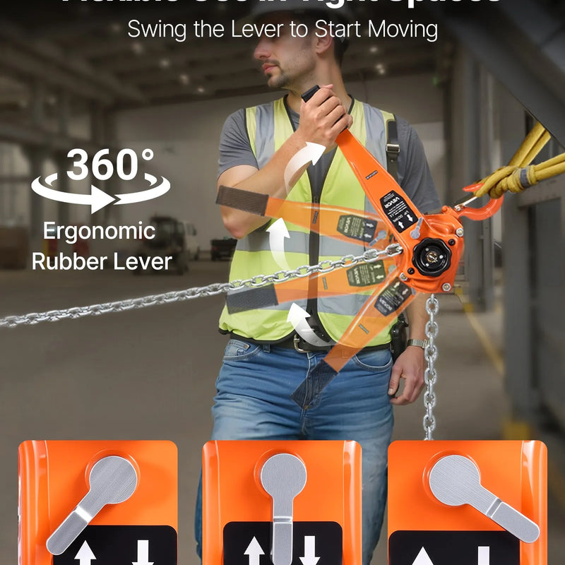VEVOR manuālais sviras ķēdes pacēlājs, 1,5 t / 1500 kg kapacitāte, smagās slodzes, 3 m pacelšanas augstums, G80 sakausējuma tērauda ķēde ar dubulto mehānisko bremzi, 360° rotējoši āķi, piemērots noliktavām, būvniecībai un garāžai