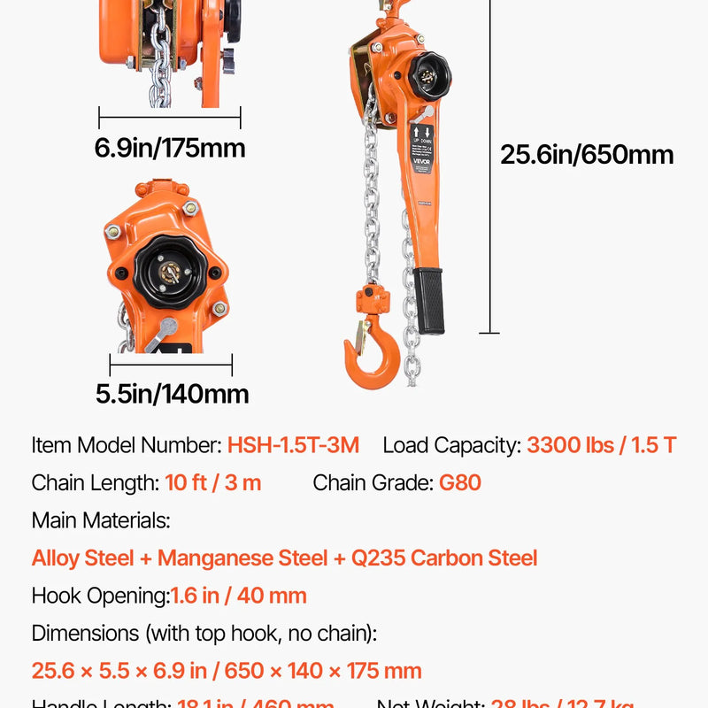 VEVOR manuālais sviras ķēdes pacēlājs, 1,5 t / 1500 kg kapacitāte, smagās slodzes, 3 m pacelšanas augstums, G80 sakausējuma tērauda ķēde ar dubulto mehānisko bremzi, 360° rotējoši āķi, piemērots noliktavām, būvniecībai un garāžai