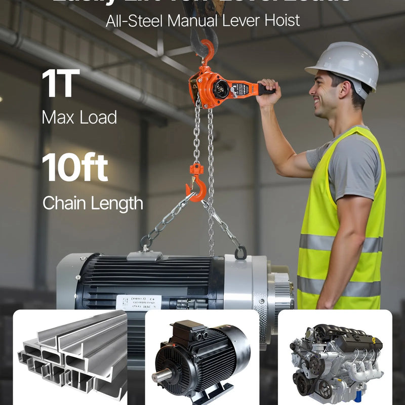 VEVOR manuālais sviras ķēdes pacēlājs, 1000 kg kravnesība, 3 m pacelšanas augstums, G80 sakausējuma tērauda ķēde, divpusējs mehāniskais bremzis, 360° grozāmi āķi noliktavām, būvniecībai un garāžām