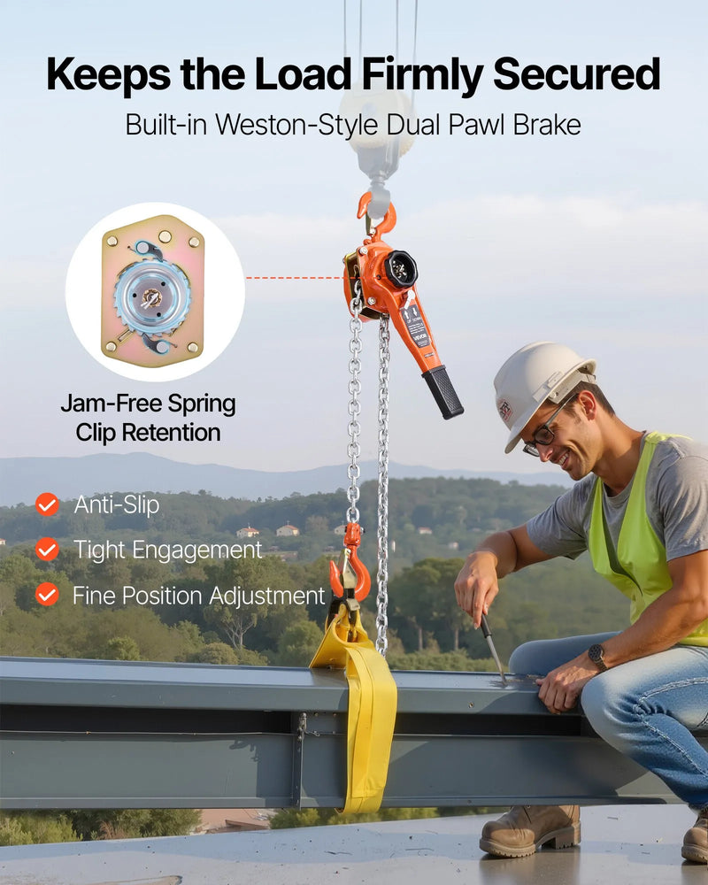 VEVOR manuālais sviras ķēdes pacēlājs, 1000 kg kravnesība, 3 m pacelšanas augstums, G80 sakausējuma tērauda ķēde, divpusējs mehāniskais bremzis, 360° grozāmi āķi noliktavām, būvniecībai un garāžām