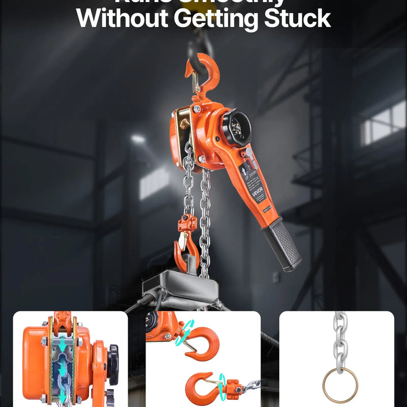 VEVOR manuālais sviras ķēdes pacēlājs, 1000 kg kravnesība, 3 m pacelšanas augstums, G80 sakausējuma tērauda ķēde, divpusējs mehāniskais bremzis, 360° grozāmi āķi noliktavām, būvniecībai un garāžām