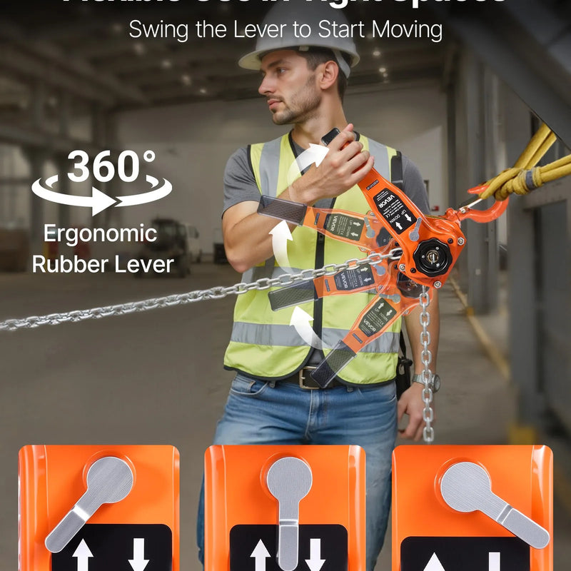 VEVOR manuālais sviras ķēdes pacēlājs, 1000 kg kravnesība, 3 m pacelšanas augstums, G80 sakausējuma tērauda ķēde, divpusējs mehāniskais bremzis, 360° grozāmi āķi noliktavām, būvniecībai un garāžām