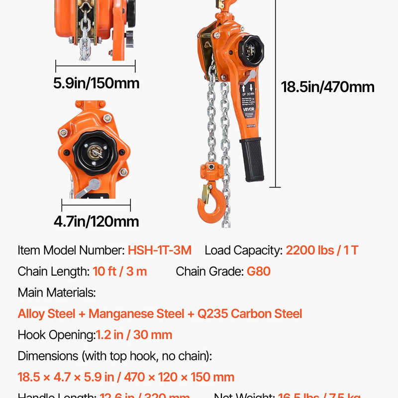 VEVOR manuālais sviras ķēdes pacēlājs, 1000 kg kravnesība, 3 m pacelšanas augstums, G80 sakausējuma tērauda ķēde, divpusējs mehāniskais bremzis, 360° grozāmi āķi noliktavām, būvniecībai un garāžām