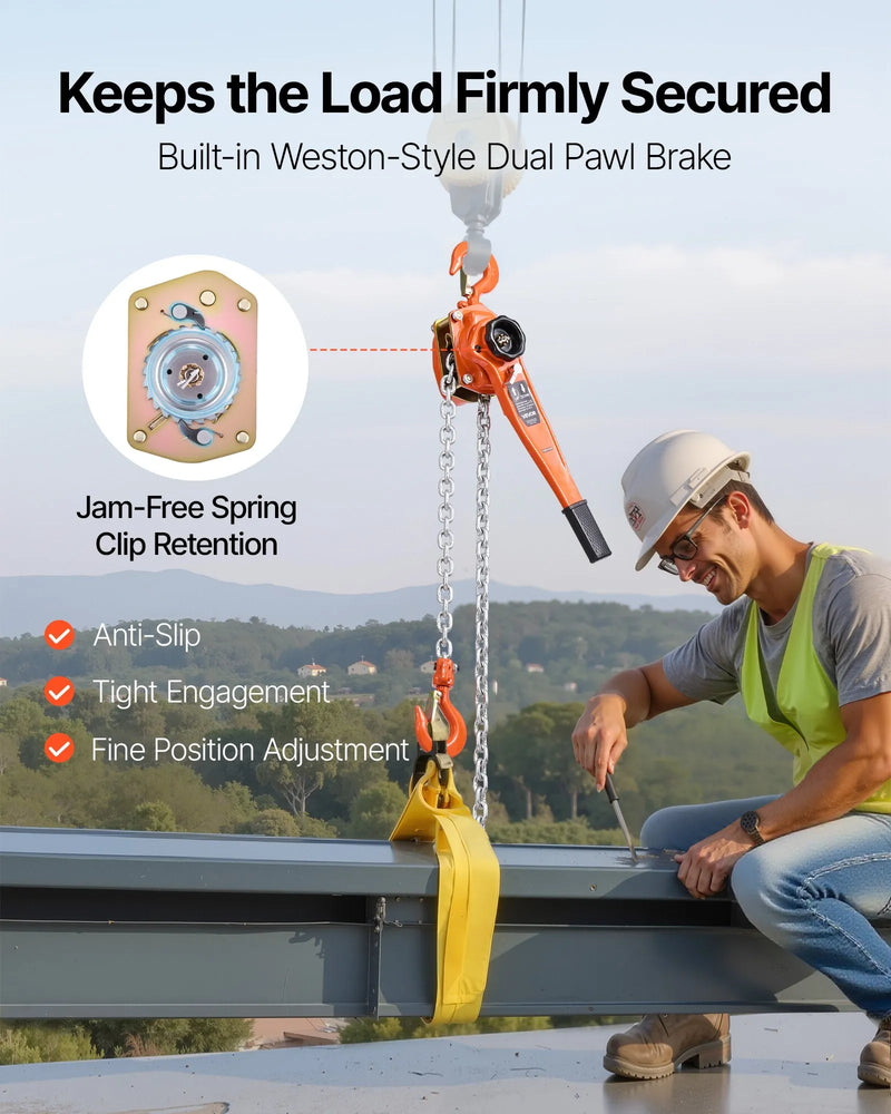 VEVOR manuālais sviras ķēdes pacēlājs, 3 t celtspēja, 3 m pacelšanas augstums, G80 sakausējuma tērauda ķēde ar divu atduru mehānisko bremzi un 360° rotējošiem āķiem noliktavām, būvniecībai un garāžām