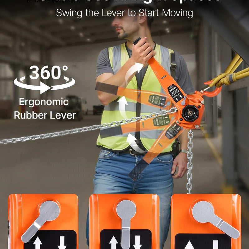 VEVOR manuālais sviras ķēdes pacēlājs, 3 t celtspēja, 3 m pacelšanas augstums, G80 sakausējuma tērauda ķēde ar divu atduru mehānisko bremzi un 360° rotējošiem āķiem noliktavām, būvniecībai un garāžām