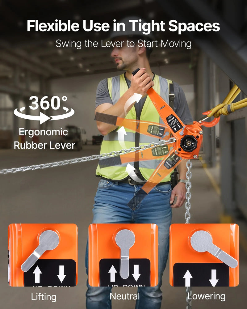 VEVOR manuālais sviras ķēdes pacēlājs, 3 t celtspēja, 3 m pacelšanas augstums, G80 sakausējuma tērauda ķēde ar divu atduru mehānisko bremzi un 360° rotējošiem āķiem noliktavām, būvniecībai un garāžām