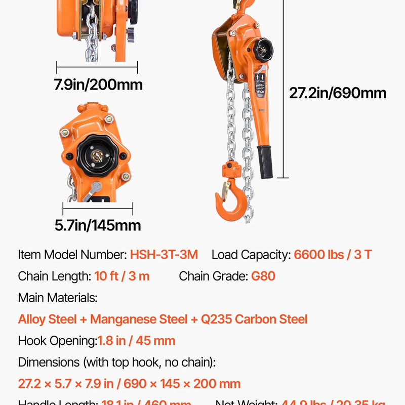 VEVOR manuālais sviras ķēdes pacēlājs, 3 t celtspēja, 3 m pacelšanas augstums, G80 sakausējuma tērauda ķēde ar divu atduru mehānisko bremzi un 360° rotējošiem āķiem noliktavām, būvniecībai un garāžām