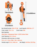 VEVOR manuālais sviras ķēdes pacēlājs, 3 t celtspēja, 3 m pacelšanas augstums, G80 sakausējuma tērauda ķēde ar divu atduru mehānisko bremzi un 360° rotējošiem āķiem noliktavām, būvniecībai un garāžām
