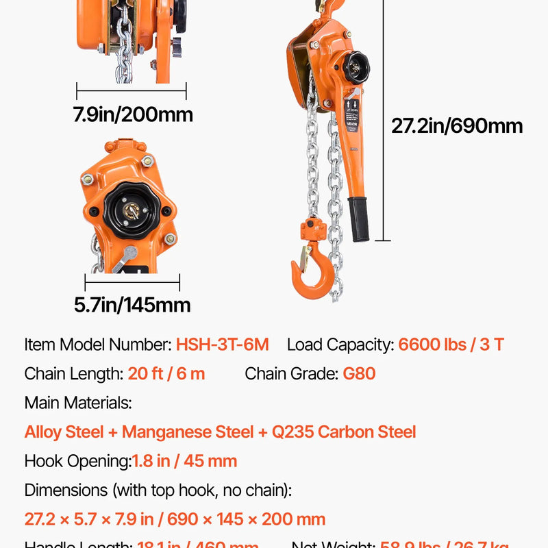 VEVOR manuālais sviras ķēžu pacēlājs, celtspēja 3000 kg, 6 m pacelšanas augstums, G80 leģētā tērauda ķēde, dubultā sprūda mehāniskā bremze, 360° grozāmi āķi, noliktavām, būvniecībai un garāžām