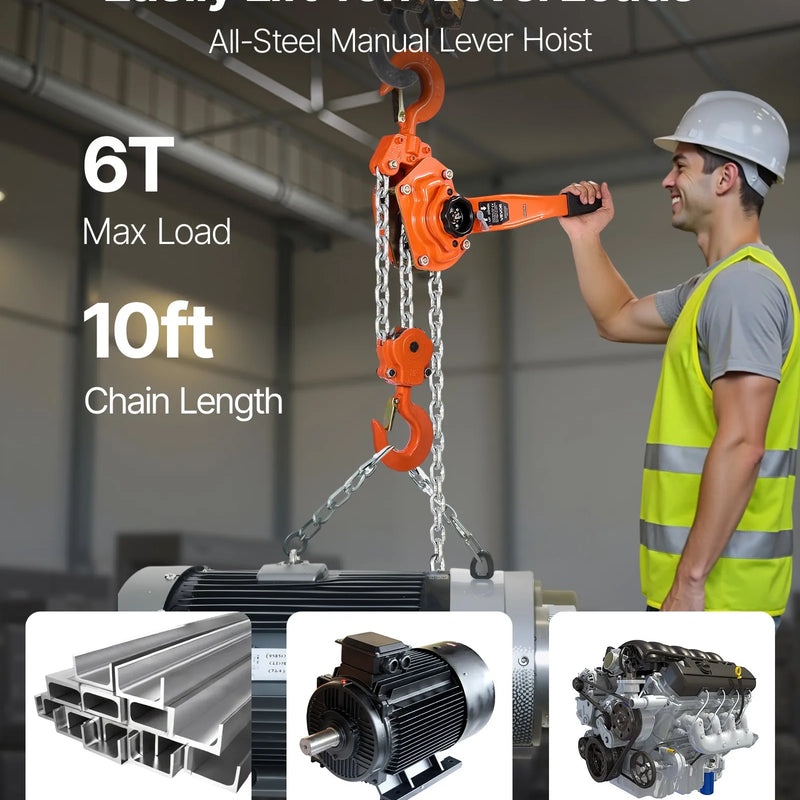 VEVOR rokas ķēdes pacēlājs 6 t (6000 kg) ar 3 m G80 tērauda ķēdi, dubulto sprūdrata mehānisko bremzi un 360° rotējošiem āķiem noliktavām, būvniecībai un garāžām