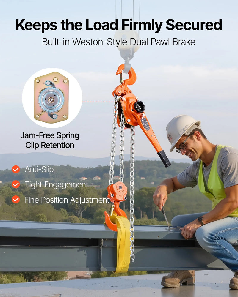 VEVOR rokas ķēdes pacēlājs 6 t (6000 kg) ar 3 m G80 tērauda ķēdi, dubulto sprūdrata mehānisko bremzi un 360° rotējošiem āķiem noliktavām, būvniecībai un garāžām